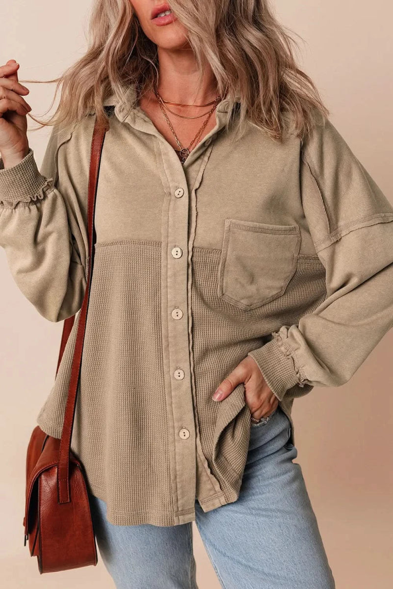 Waffle-Knit Collared Neck Long Sleeve Shacket - Love Salve